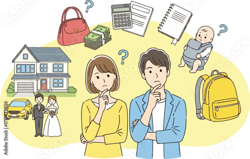 3d couple contemplating major life decisions like marriage, house, car, and baby, surrounded by symbols of expenses and future planning