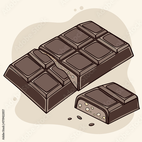 A broken bar of dark chocolate with visible nuts and a single piece broken off and lying nearby