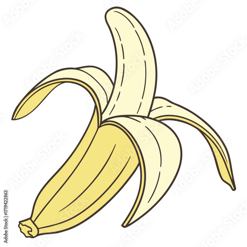 A single ripe yellow banana with its peel partially opened revealing the fruit inside against a white background
