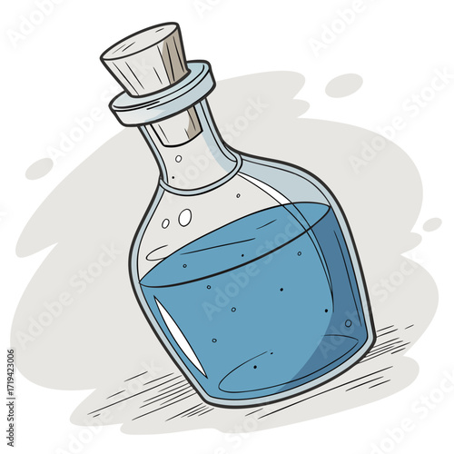 Cartoon illustration of a tilted glass bottle filled with blue liquid and sealed with a cork stopper