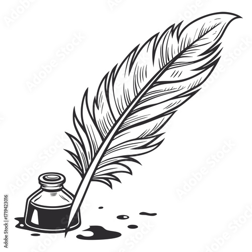 Classic black and white illustration of a quill pen resting in an inkwell with ink splatters on a white background