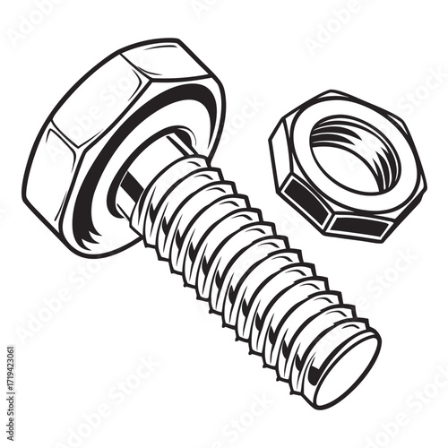 Close up illustration of a hexagonal bolt and nut isolated on a white background in a graphic style