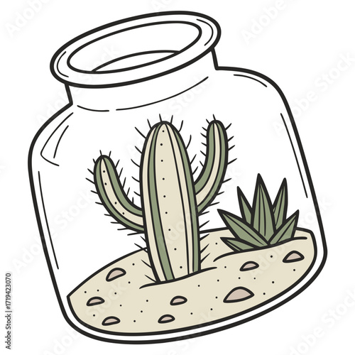 Cute cartoon illustration of a cactus and succulent plant growing inside a clear glass jar terrarium