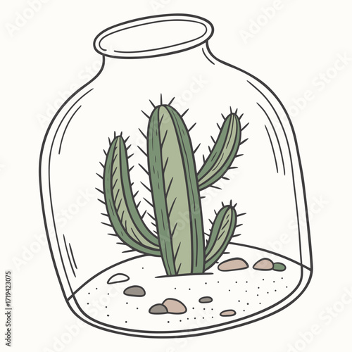 Cute cartoon illustration of a green cactus with spines inside a clear glass jar terrarium with pebbles and sand