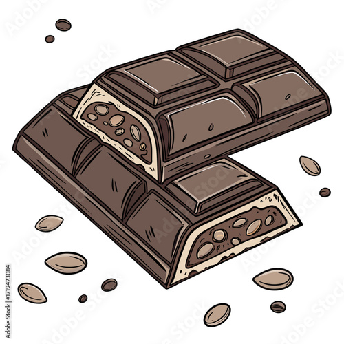 Delicious hand drawn illustration of a broken chocolate bar filled with nuts and scattered almonds
