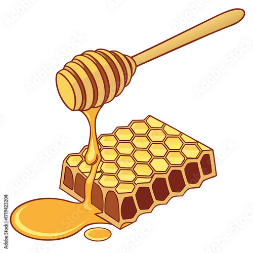 Golden honey dripping from a wooden dipper onto a honeycomb with a sweet liquid pool