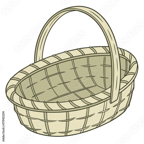 Empty woven wicker oval basket with a curved handle isolated on a white background