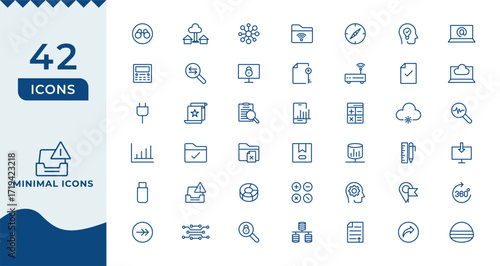 Collection of 42 clean outline icons representing digital technology and modern concepts