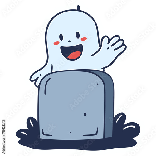 A playful ghost peeking from behind a gravestone, waving happily | halloween pumpkin and ghost | halloween pumpkin with a blank | funny cartoon ghost | ghost | halloween ghost cartoon | funny cartoon