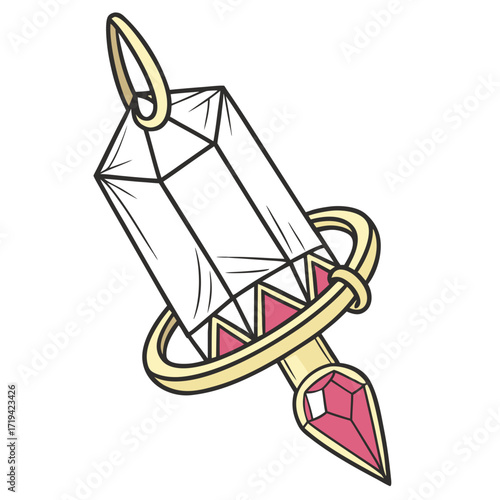 Stylized cartoon illustration of a magical crystal pendant with a pink gemstone and gold accents