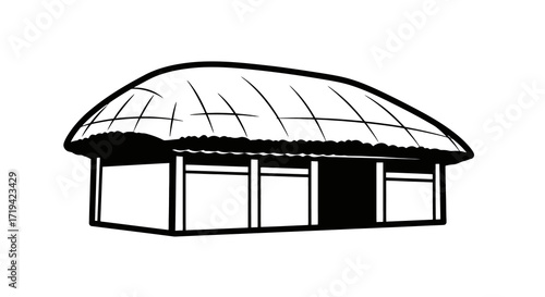 Simple line art illustration of a traditional hut with a thatched roof. Vector icon representing rural life, shelter, and simplicity