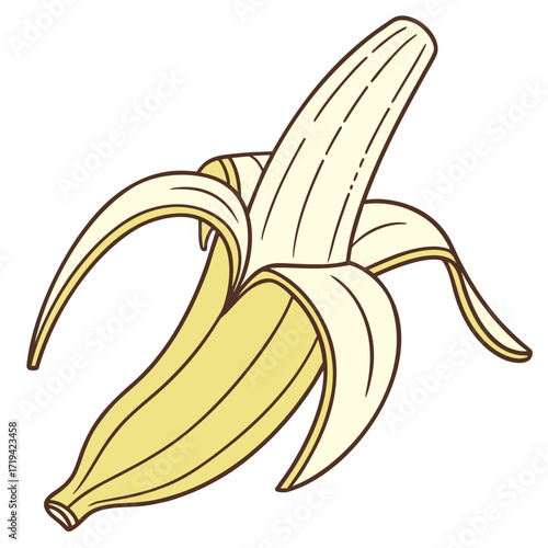 Stylized cartoon illustration of a partially peeled yellow banana with a brown outline on a white background