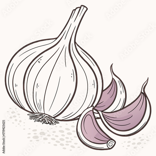Stylized illustration of a whole garlic bulb with several cloves on a light speckled background