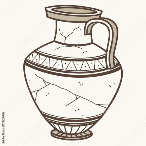Stylized illustration of an ancient cracked amphora vase with decorative geometric patterns and a single handle
