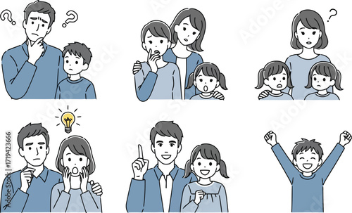3d family expressing various emotions and situations
