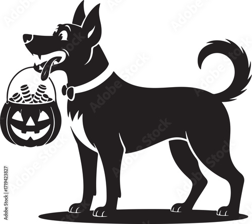 Halloween dog carrying pumpkin bucket silhouette vector
