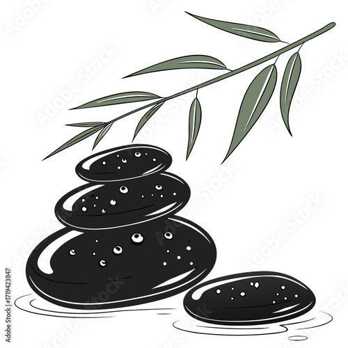 Zen stone stack with water droplets and a delicate bamboo branch overhead on white background