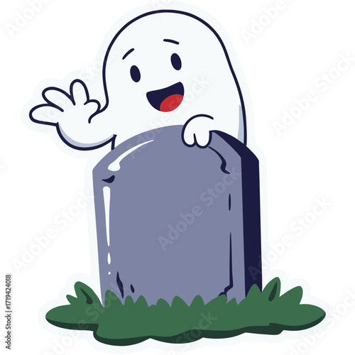 A playful ghost peeking from behind a gravestone, waving happily | halloween pumpkin and ghost | halloween pumpkin with a blank | funny cartoon ghost | ghost | halloween ghost cartoon | funny cartoon