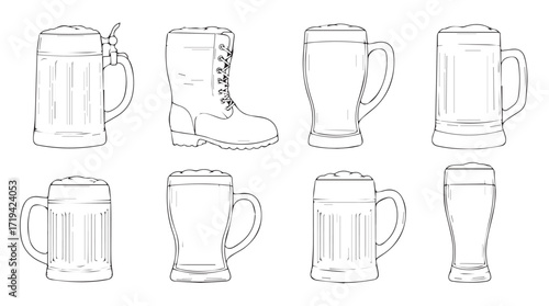 Collection of hand-drawn beer mugs and glassware with foam and ice accents simple outline art silhouette