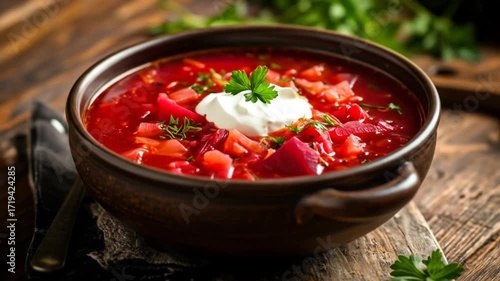 Borscht in Brown Bowl on Wooden Table with Garnishes Bright Red Soup with Whipped Cream and Parsley Traditional Rustic Meal Classic Cuisine Still Life