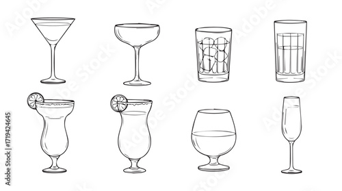 Collection of hand drawn cocktail glasses featuring martini coupe highball beer brandy and champagne styles silhouette