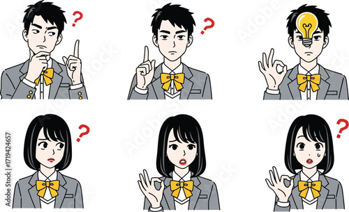3d set of six illustrations of young students, boys and girls, expressing various emotions and ideas