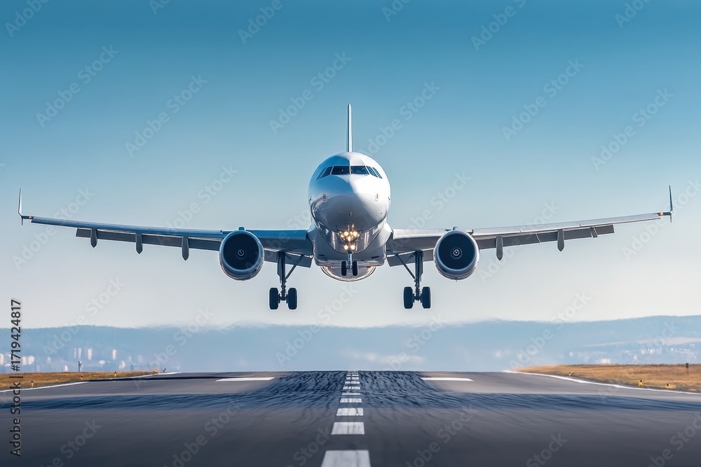 Naklejka premium Commercial airplane is captured mid landing on clear day with bright blue sky, showing aircraft front view and runway details, evoking sense of precision and calm