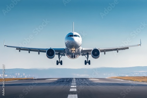 Commercial airplane is captured mid landing on clear day with bright blue sky, showing aircraft front view and runway details, evoking sense of precision and calm