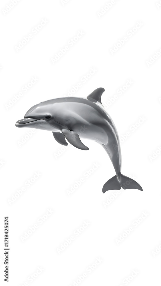 Obraz premium A sleek, grey dolphin leaps gracefully, its body arched, showcasing its streamlined form against a black background