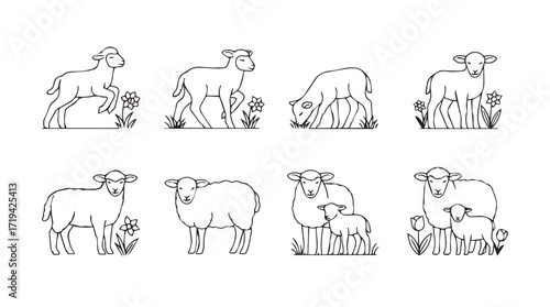 Collection of hand-drawn sheep and lambs in various poses amidst gentle grassland scenery silhouette