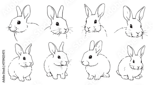 Cute line art drawings of adorable bunnies in various poses for easter and spring decorations silhouette