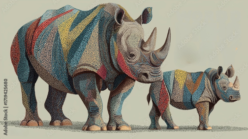 Fototapeta premium A vibrant and colorful illustration of a rhino and its calf, celebrating World Rhino Day with a unique artistic style that highlights conservation and protection
