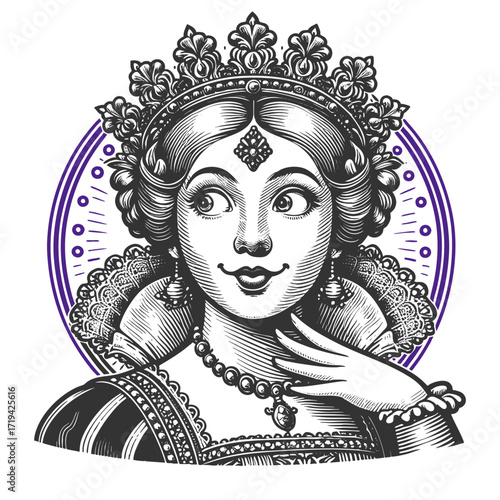 graceful queen wearing a jeweled crown and ornate dress, accented with lace details and pearl jewelry sketch engraving generative ai vector illustration. Scratch board. Black and white image.