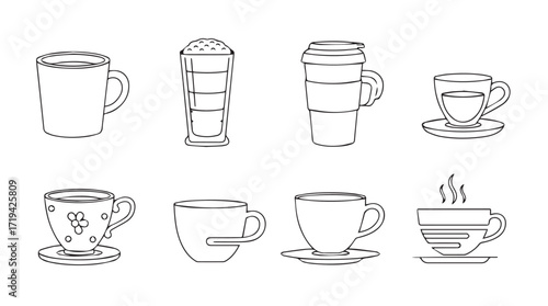 Collection of hand drawn coffee and tea cups and saucers artistic sketch styles silhouette