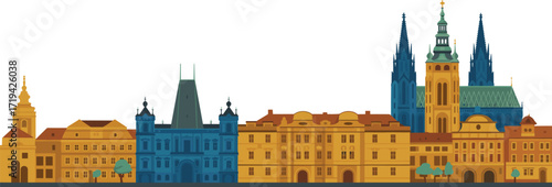 European city skyline illustration, Gothic cathedral spires, Baroque facades, Renaissance architecture, colorful buildings, historic landmarks, artistic rendering, panoramic composition