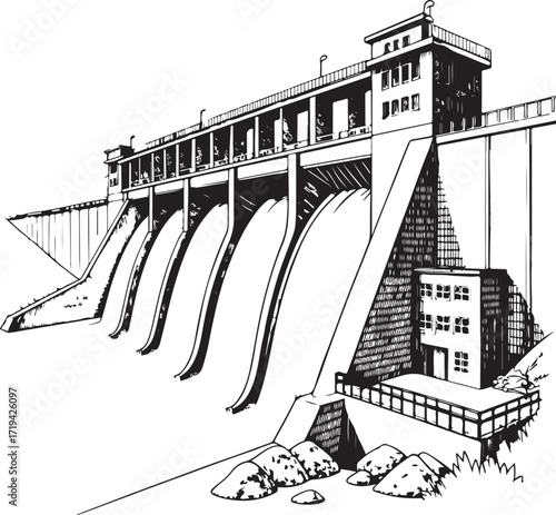 Hydropower dam Hand-drawn Vector Illustration, Sketch Drawing Doodle Line Linear Symbol Icon Engraving Coloring Book, Black and White Isolated

