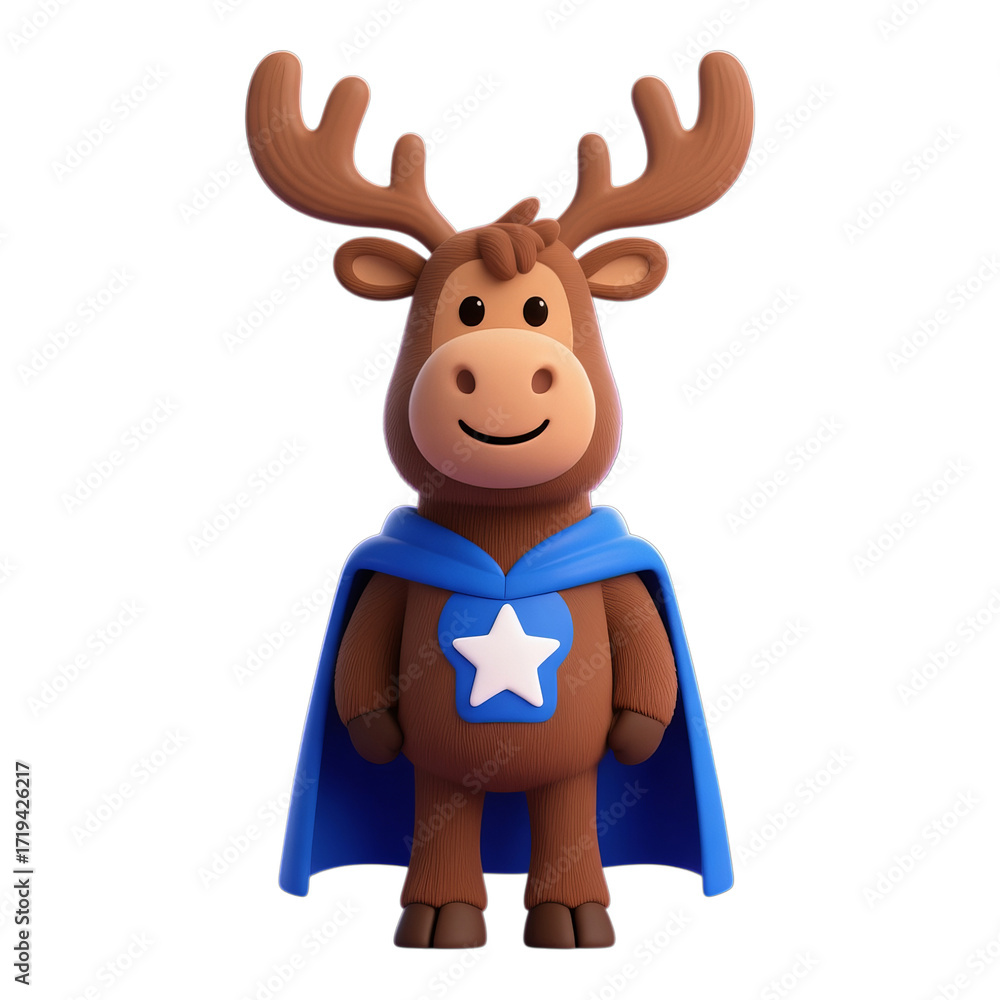 Obraz premium Brown Moose with Blue Cape and White Star, 3D Realism Illustration with Transparent Background