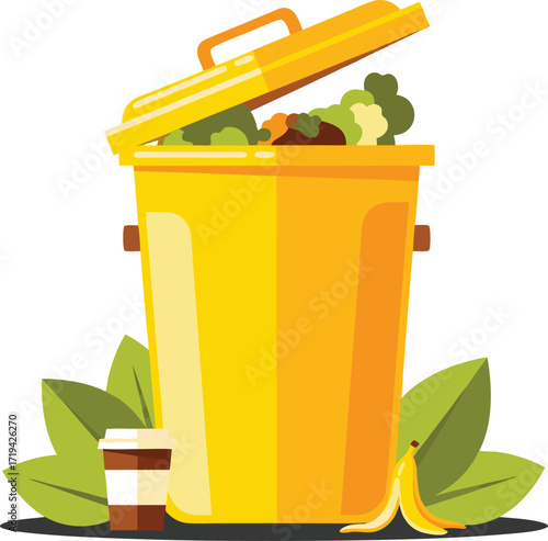 A yellow waste bin filled with assorted food scraps and rubbish, ideal for recycling guides, sustainability themes, environmental campaigns, and public service visuals