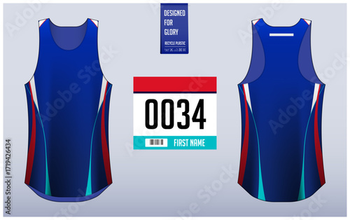 Running shirt design template, Tank top jersey mockup for athlete. Running singlet pattern. Uniform front view back view.