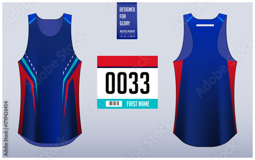 Running shirt design template, Tank top jersey mockup for athlete. Running singlet pattern. Uniform front view back view.