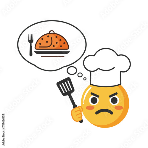 An angry chef emoji is thinking about a delicious roast chicken isolated on white background
