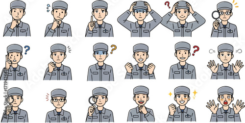 3d a collection of diverse facial expressions and gestures of a person in a uniform
