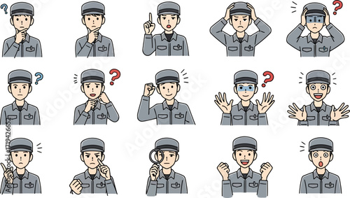 3d a collection of diverse facial expressions and gestures of a young man in a uniform, isolated on a