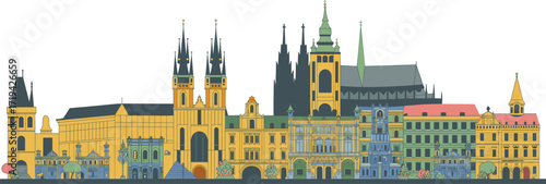 European city skyline illustration, Gothic cathedral spires, Baroque facades, Romanesque domes, historic architecture, colorful buildings, artistic rendering, heritage composition