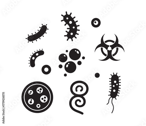 Bacteria collection. Bacillus represents human microbes, featuring medical icons and microorganism symbols in a recent vector illustration set