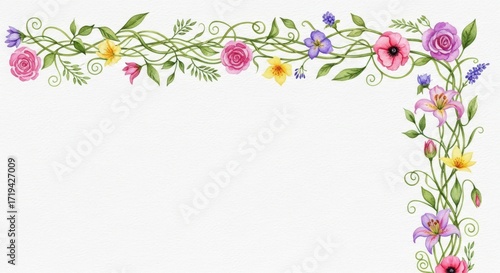 Watercolor Floral Border with Various Flowers and Greenery.