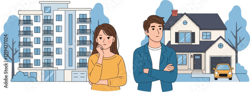 3d couple contemplating between apartment living and owning a house with a car