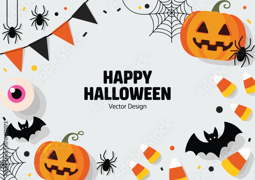 Halloween border illustration, pumpkins bats spiders candy corn eyeball confetti festive white background, spooky playful design, vector clipart