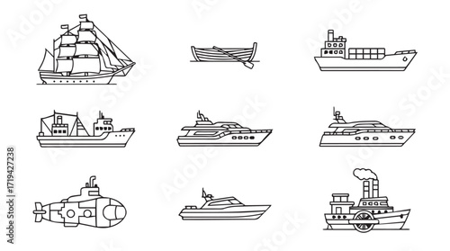 Collection of diverse maritime vessels illustrated in simple line art style for marine design silhouette
