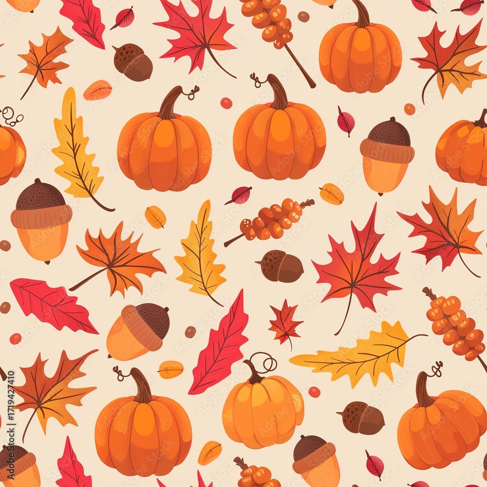 Naklejka premium Seamless Autumn Pumpkin and Fall Leaves Pattern with Acorns and Foliage